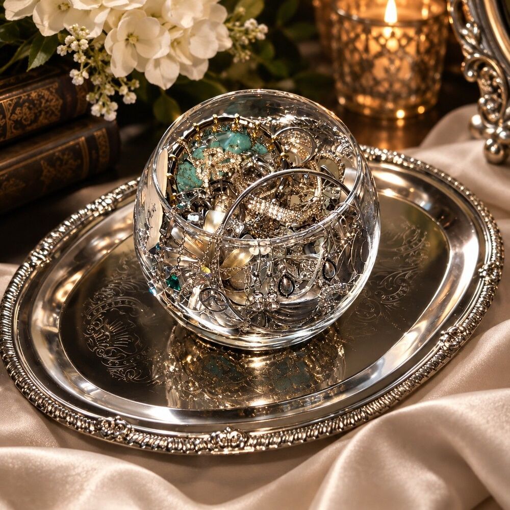 Vintage Silver Tone Jewelry Jar – Mixed Costume Jewelry Collection – Unique Gift